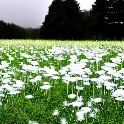 Image similar to a field completely covered by white detailed dandelions, gloom, volumetric lighting