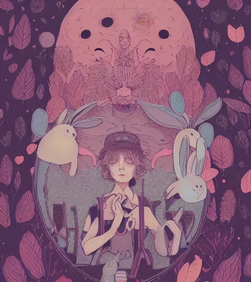 Prompt: portrait, nightmare anomalies, leaves with a bunny by miyazaki, violet and pink and white palette, illustration, kenneth blom, mental alchemy, james jean, pablo amaringo, naudline pierre, contemporary art, hyper detailed