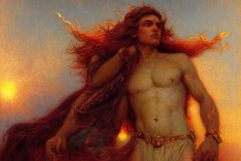 Image similar to portrait of a mythical hero named horizon, who lifts the sun into the sky every morning. art by gaston bussiere.