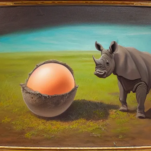 Image similar to oil on canvas of, rhinoceros hatching an egg in hawaii