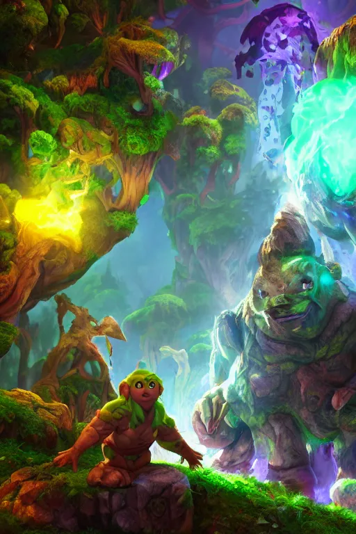 Image similar to arcane fantasy art giant golem elemental wood rock bastion forged gemstone enchanted forest troll, global illumination ray tracing hdr fanart arstation by sung choi and eric pfeiffer and gabriel garza and casper konefal lisa frank zbrush central hardmesh radiating a glowing aura