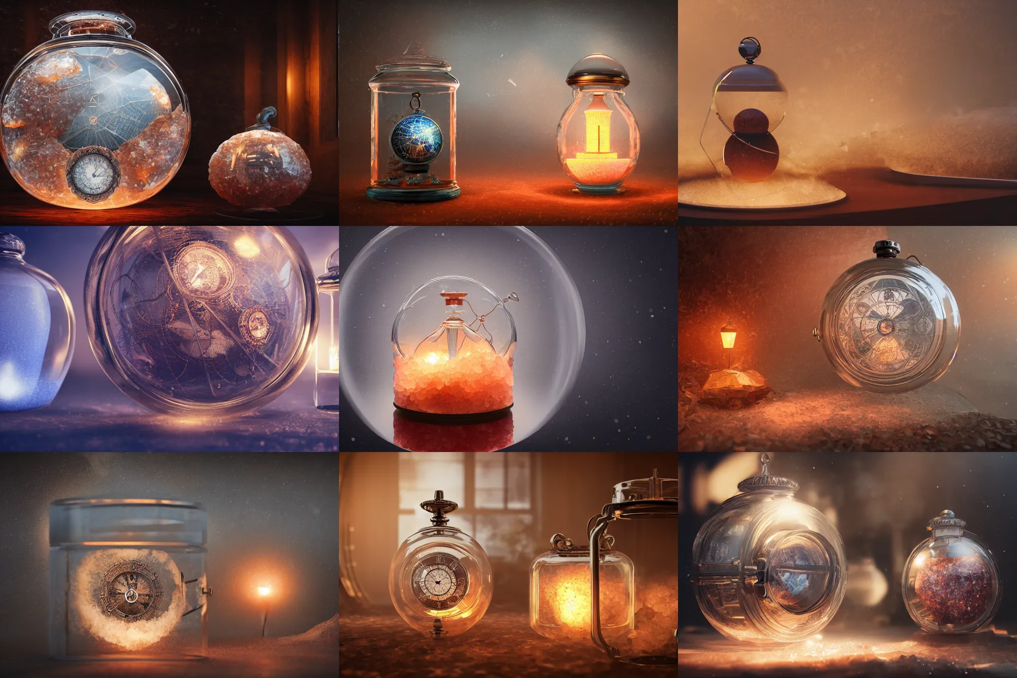 Prompt: pocketwatch planisphere inside a glass jar, hourglass, himalayan rocksalt lamp, intricate detail, volumetric lighting, epic composition, hyper detailed, ultra realistic, sharp focus, octane render, volumetric, ray tracing,, sense of awe, swirling mist, 4 k