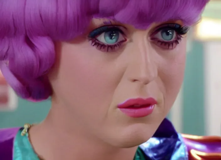 Prompt: a film still closeup of candy katy perry in willy wonka and the chocolate factory