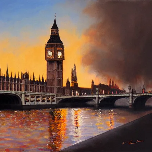 Image similar to detailed, soft, dynamic painting of the Big Ben on fire, professional painting, at dusk