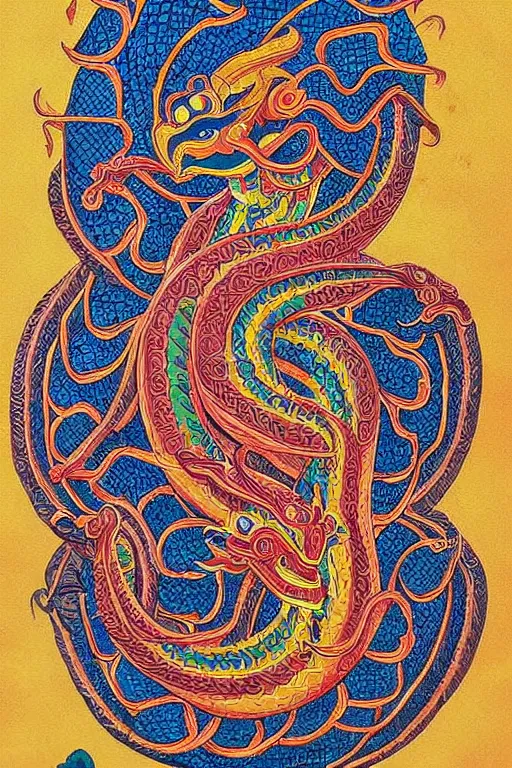 Image similar to naga art, mythical serpent southeast asian legends, thai traditional painting, royal thai art, guardian at the temple, garuda eagle, thai folklore, buddhist painting, thai dragon paintings by Chalermchai Kositpipat