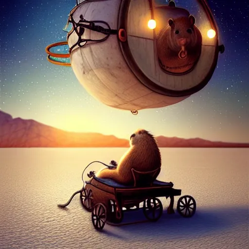 Image similar to beautiful digital fantasy illustration of a Birth Machine, Capybara pirate, keeping vigil over the salt flats, lights in the night, highly detailed, soft lighting, rendered in octane, masterpiece, very very very aesthetic, exquisite marble details!!!