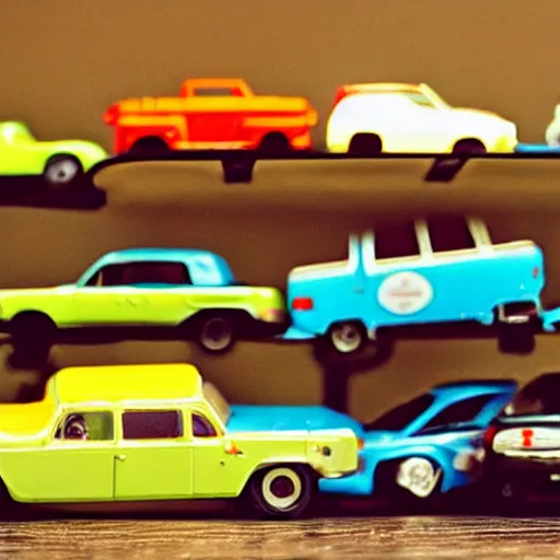 Image similar to a badly lit photo taken by an old phone of a box full of toy cars.