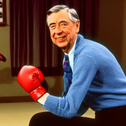 Image similar to mr.rogers in a boxing match against Daniel tiger