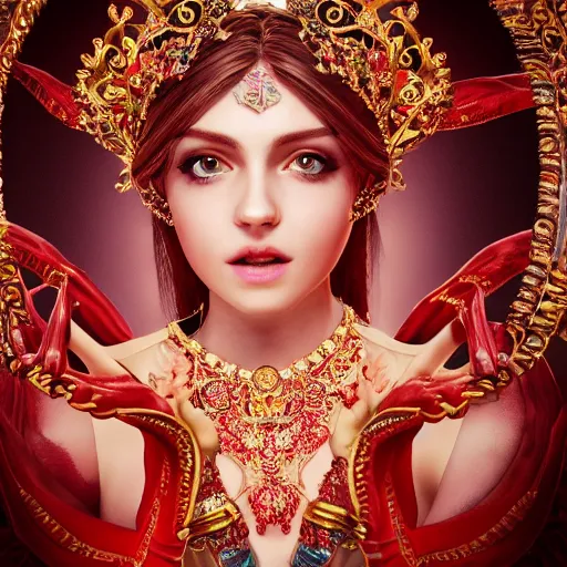 Image similar to photograph of wonderful princess with smooth fair skin, alluring eyes, red jewelry, breathtaking, elegant, ornate, intricate, hyper detailed, accent lighting, dramatic light, 4 k octane render