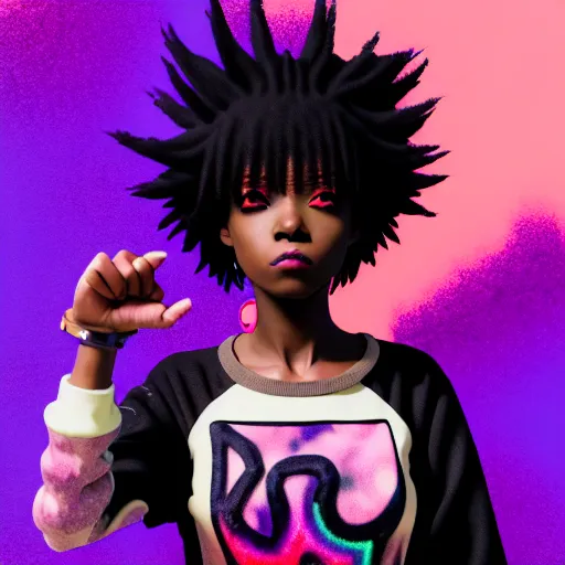 Image similar to portrait of black anime manga girl, throwing punch pose towards camera, french bob hair, white hair, wearing camo, by gustave dore, vaporwave colors, lofi colors, vaporwave, lofi, goth vibe, 4 k, smooth, hd, substance designer render, full body character concept art, 2 point lighting,