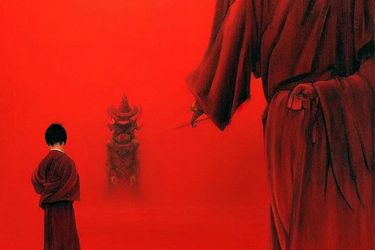 Image similar to only with red, a red samurai, tokio in background, some evil yokai, in the style of beksinski, parts by edward hopper, parts by rodcenko, parts by yue minjun, intricate and epic composition, red by caravaggio, insanely quality, highly detailed, masterpiece, red light, artstation, 4 k