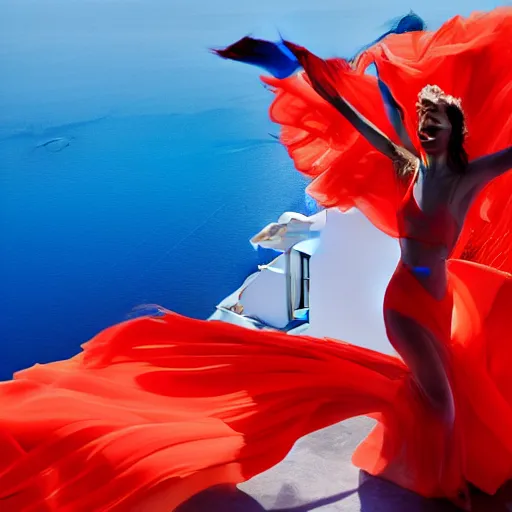 Image similar to beautiful modern dancer wearing a red, yellow, blue swirling dress, standing on a Santorini terrace looking down into the ocean, trending on artstation, cinematic, photorealistic