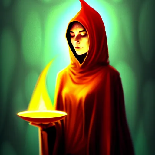 Prompt: ( a priestess with a hood that covers half her face carries an incense burner that emits a pleasantly colored flame. ) by anato finnstark, dream, full body portrait, dynamic lighting, beautiful, trending on artstation, wallpaper, 4 k, award winning, digital art, very detailed faces