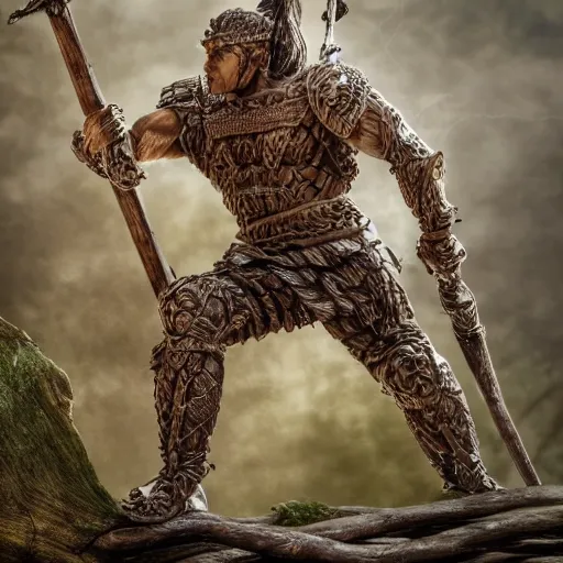 Prompt: muscular warrior with surface of tree - bark, wearing intricate stone wood vines armor, holding halberd with laser blade, battlefield, highly detailed, dramatic lighting, cinematic, sci - fi, hyperrealistic, detailed