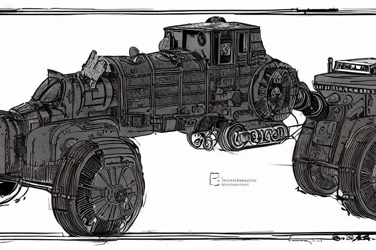 Image similar to hellfire thomas the tank, mad max, in the style of hannes bok and doug chiang and vernon grant, trending on artstation, back lighting rear view steampunk, blueprint, muted colors, gothic, tachisme