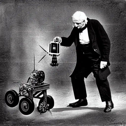 Image similar to robot attacking an old man , old photograph , 1824 , 4k , HD , realistic