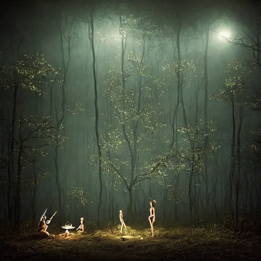 Prompt: photography award of a night carnival fairies, creatures and fantastic people disguised as fantastic creatures in the forest by summer night, masterpiece photography by gregory crewdson, volumetric lightning