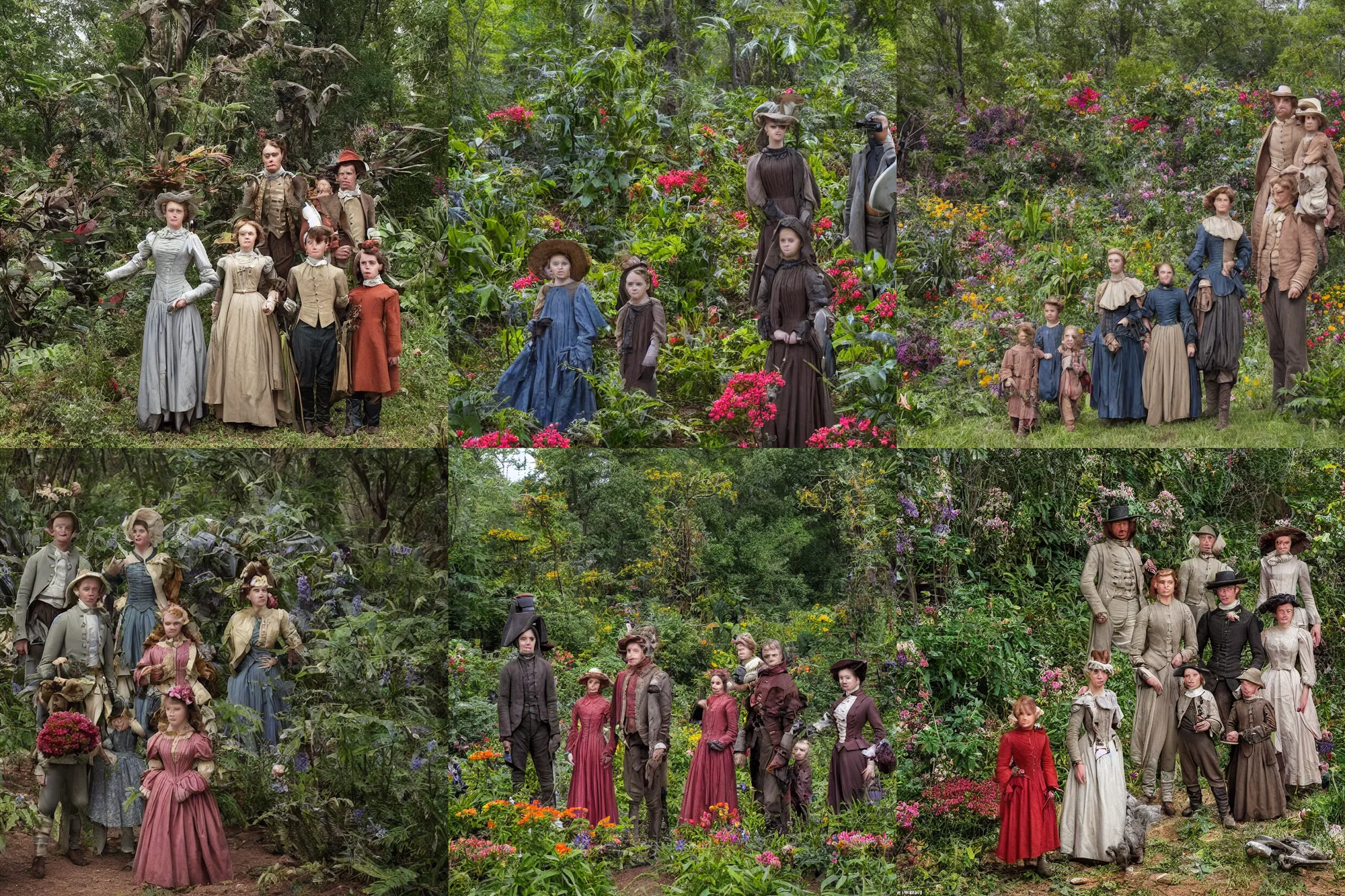 Prompt: sharp, highly detailed, 33792k film, 175000mm film still from a sci fi blockbuster color movie made in 2019, set in 1860, of a family standing in a park, next to some strange alien plants and flowers, on an alien planet, the family are all wearing 1860s era clothes, good lighting, ultra high definition, ultra enhanced faces, in focus, 35mm macro lens