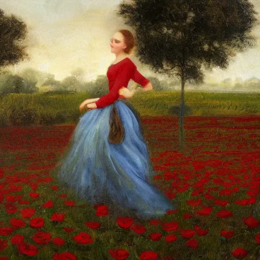 Image similar to a field of red roses with a lady in blue walking in the middle of the field, oil on canvas, bloom, morning, high detail
