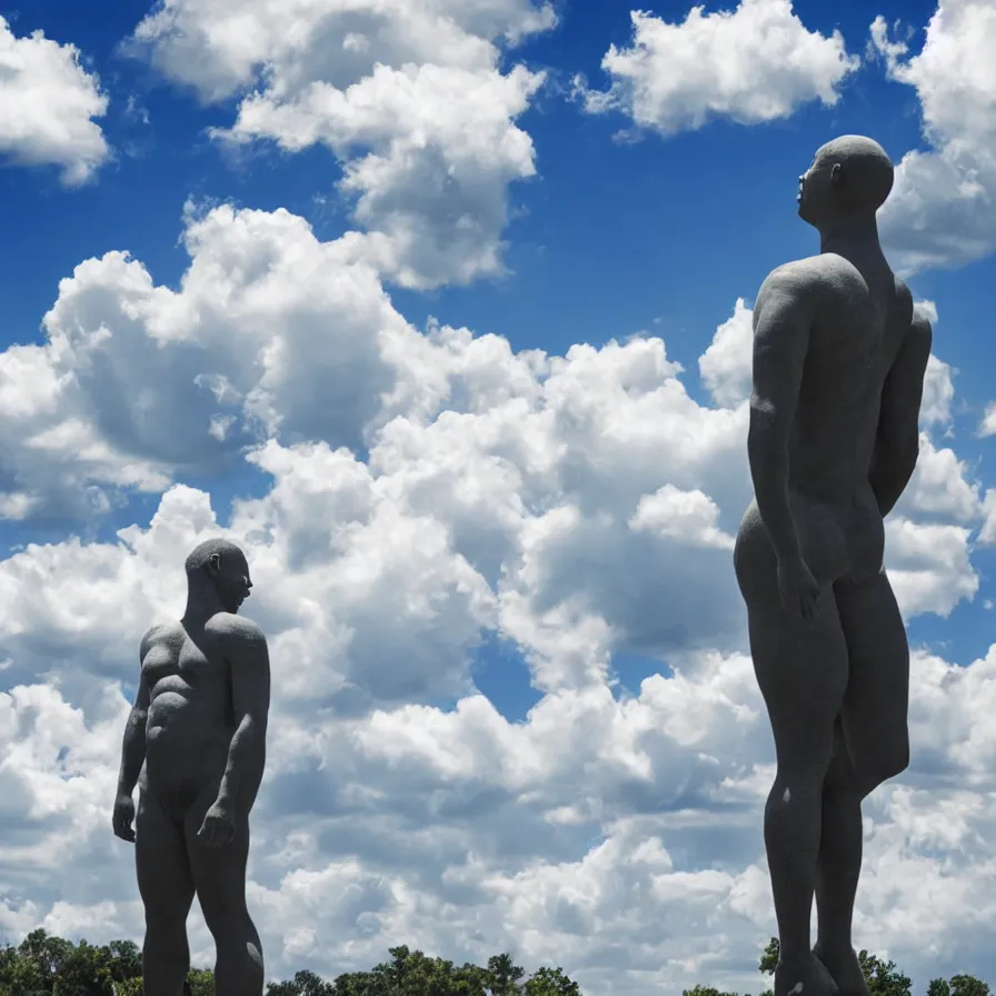 Prompt: artwork of a giant human statue and with a cloud passing in front of him. hyperrealist symbolism.