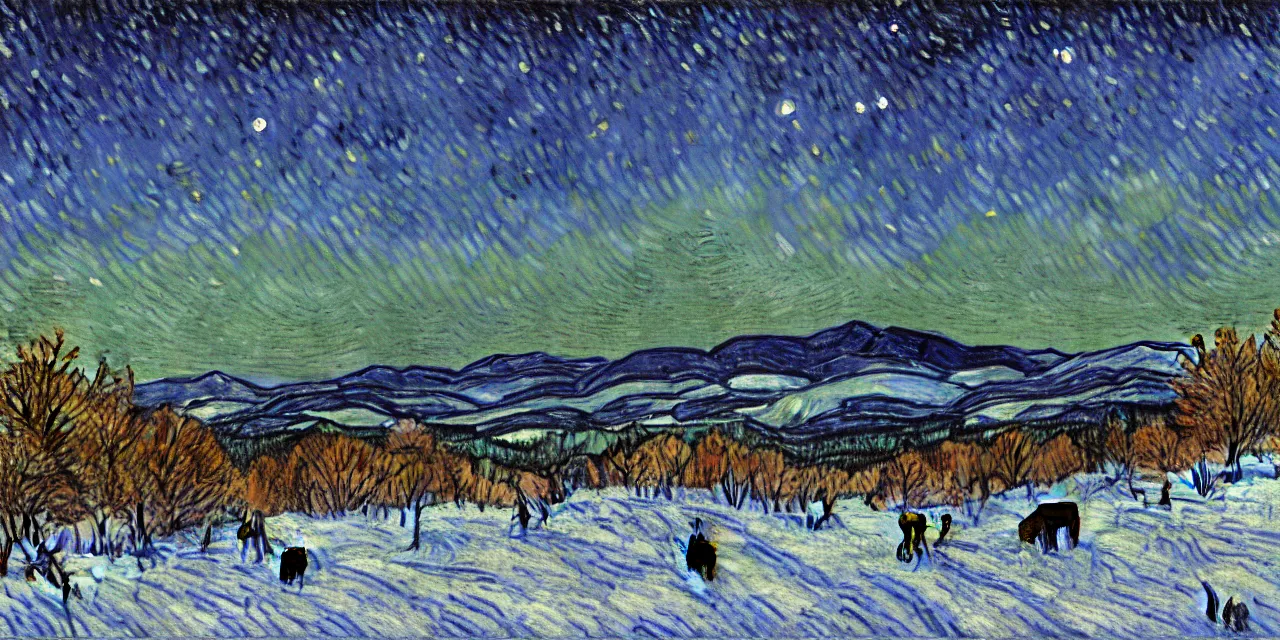 Prompt: painting of the laurentian appalachian mountains in winter by vincent van gogh, unique, original and creative landscape, snowy night, distant town lights, aurora borealis, deers and ravens, footsteps in the snow, brilliant composition