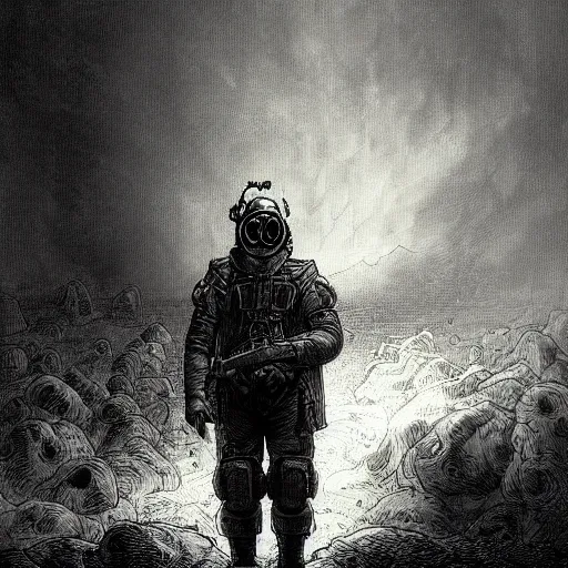 Image similar to Fallout, soldier with a gasmask, dark clouds, fire, burning, dark, eerie, dystopian, city, eldritch, illustration by Gustave Doré