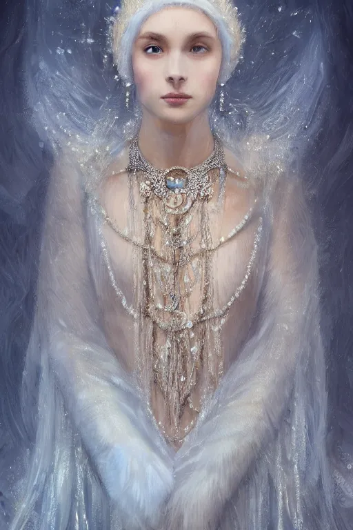 Prompt: full - body - portrait of a beautiful stunning peaceful majestic ice queen wearing intricate jewelry, oil on canvas, baroque style, perfect symmetrical face, mood lighting, ornate and elegant, winter, philosophical, dreamlike, ethereal, painterly, 🌚, digital art, detailed, trending on artstation