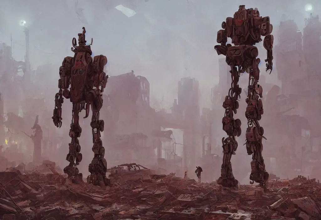 Prompt: a bipedal mech standing among the rubble of a destroyed city by simon stalenhag, artstation, mecha, military, science fiction, digital painting