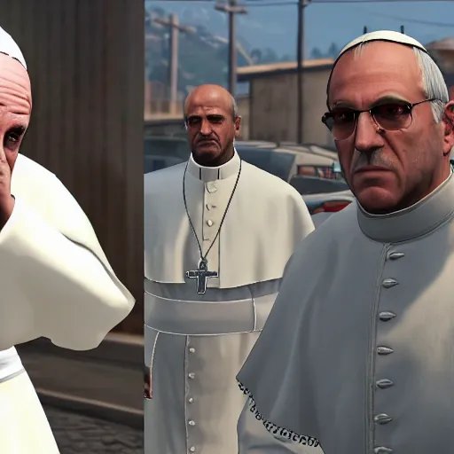 Image similar to the pope stealing a car as a game character in gta 5, game graphics, game screenshot
