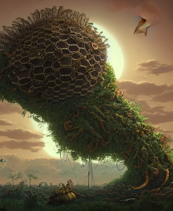 Prompt: a giant weird industrial plant hive made out of isopod nautilus, in the style of a massive exotic fungus, overgrown with disturbing orchids, sunset, partly cloudy, somber, dramatic lighting, by dan mumford, yusuke murata, makoto shinkai, ross tran, cinematic, unreal engine, cel shaded, featured on artstation, pixiv