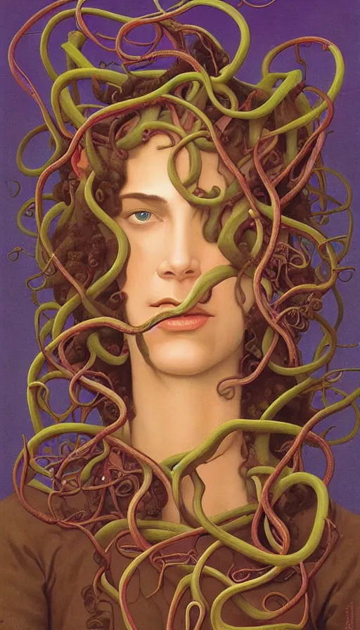 Image similar to very detailed portrait of a 2 0 years old girl surrounded by tentacles, the youg woman visage is blooming from fractal and vines, by thomas blackshear