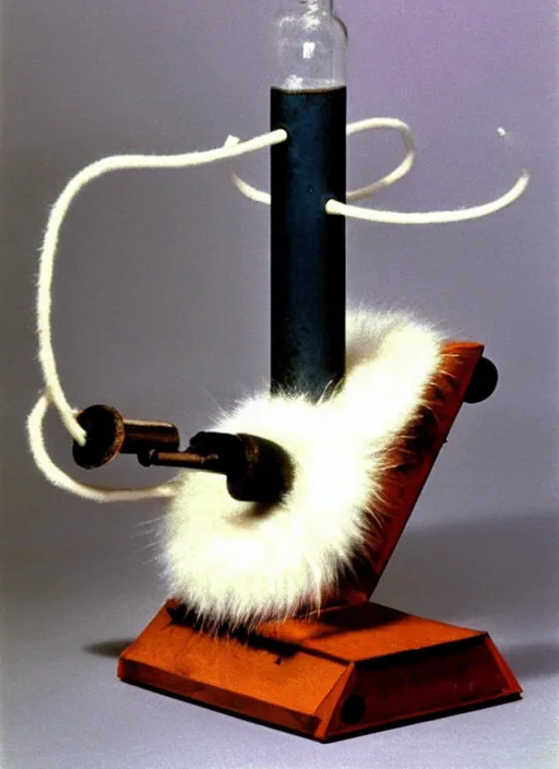 Prompt: realistic photo of a a medieval ritual chemistry appliance model equipment gadget, made of wood white clay and fur with black wires 1 9 9 0, life magazine reportage photo, natural colors, metropolitan museum collection