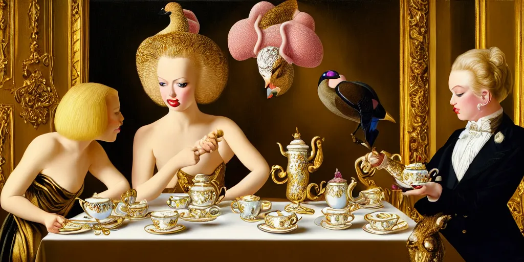 Image similar to a blonde and a mallard and a pig having tea at the ritz, abstract oil painting by gottfried helnwein pablo amaringo raqib shaw zeiss lens sharp focus high contrast chiaroscuro gold complex intricate bejeweled