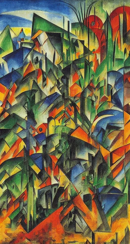 Prompt: on the street of abandoned town 2 people standing huddled together with spiny giant plants bursting through them, surreal, very coherent, intricate design, painting by Franz Marc