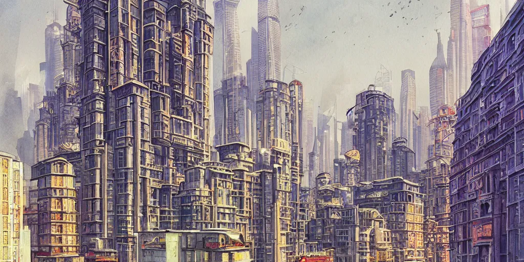 Prompt: shanghai buildings, stylized, exterior, architecture, in watercolor gouache detailed paintings, insanely detail, artstation, 8 k, futuristic, big medium small, arcane, simon stalenhag, food stall, interesting shapes & form, golden ratio, megastructures, vitaly bulgarov, mall