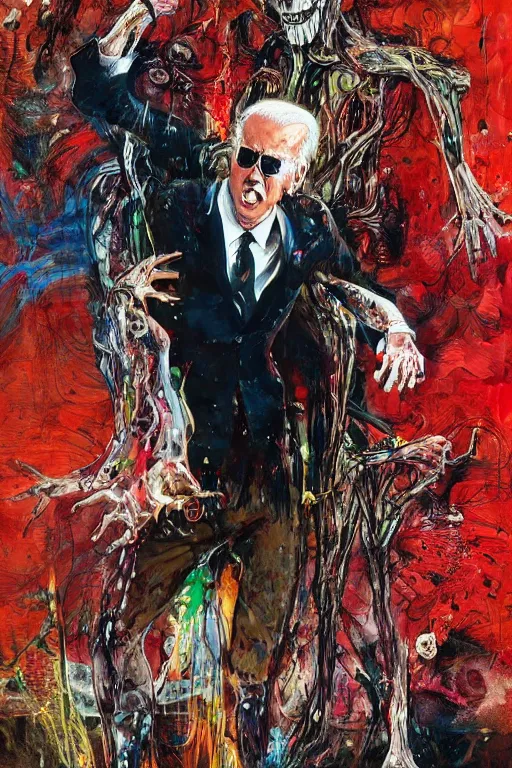 Image similar to Joe Biden full body action pose, hyper-realistic painting, Body horror, biopunk, creative design, by Ralph Steadman, Francis Bacon, Hunter S Thompson