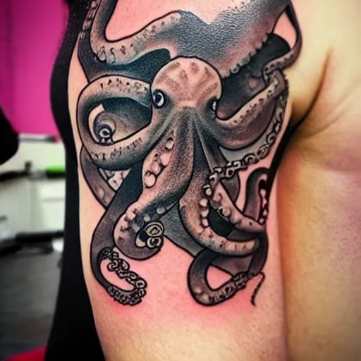 Image similar to a octopus eating a boat, tattoo art, tattoo design