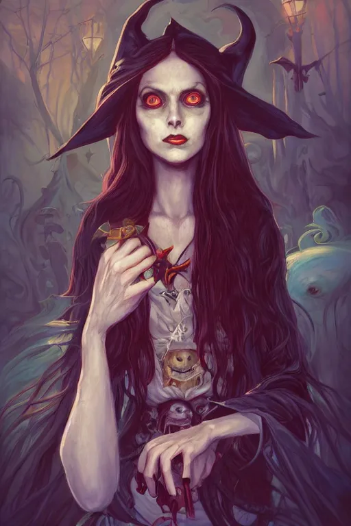 Image similar to portrait of a witch, american mcgee's alice, sharp focus, artstation, trending, by julie dillon, luis melo, tyler miles lockett, lei jin, hong lei, ken wong, adam narozanski, joy ang