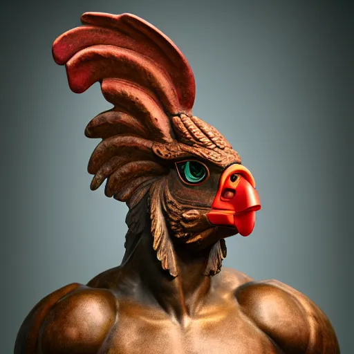 Prompt: a portrait of monumental muscular rooster in vr helmet antique statue, black rock statue material, studio light, hasselblad photo, 8 k resolution, octane render, character design, digital art, logo design