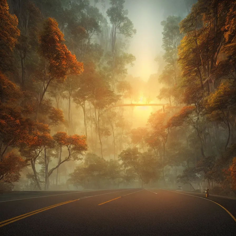 Image similar to surrealist abstract art of a highway road leading to the horizon through a thick giant forest down a rocky mountain coast towards a majestic sunset. atmospheric foggy landscape, soft tones, psychedelic, ultra realistic, concept art, modern art, photorealistic, octane render. art by nori inoguchi and sam kaplan and zachary goulko and christopher marley