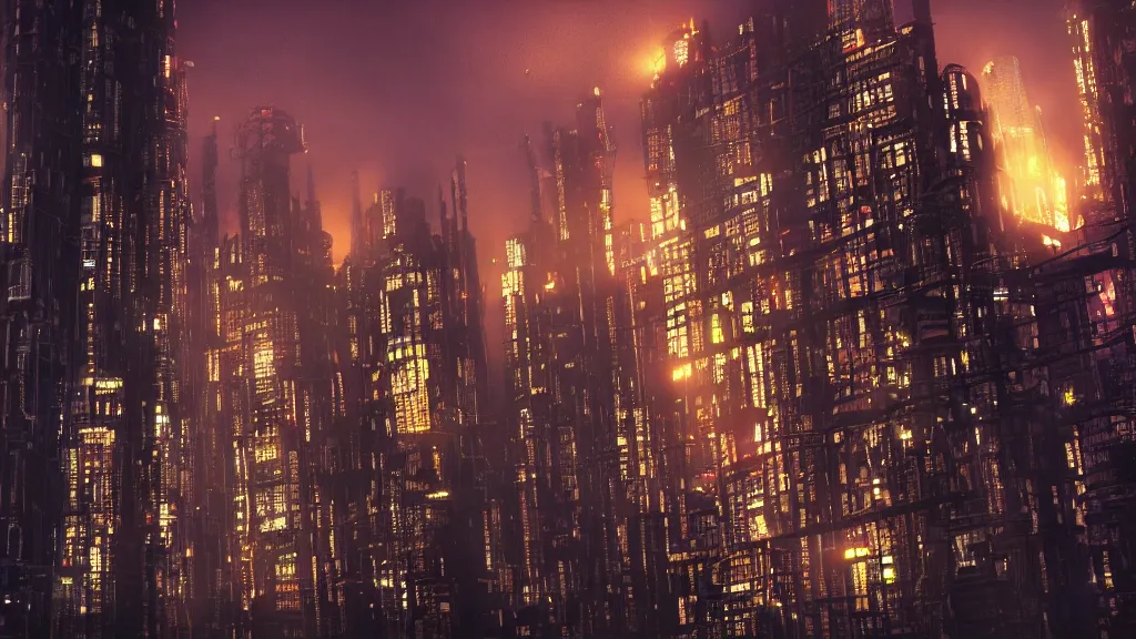 Image similar to an ancient cyberpunk tower, glowing in the evening, film still, epic shot cinematography