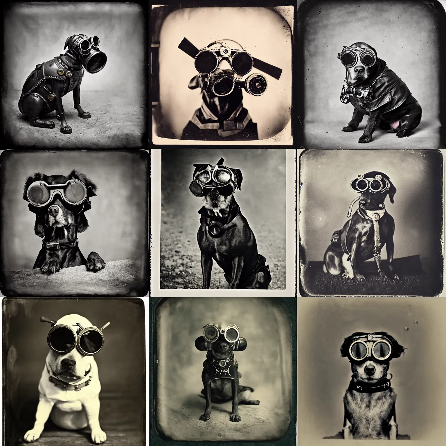 Prompt: steampunk dog with goggles melting in the sun, Early, wet plate photography, colloid