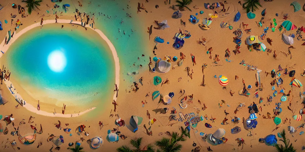 Prompt: 3 6 0 panorama hdr environment map of being on a beach party with sand bar dancing people music light sunset photograph very high detail focus octane render