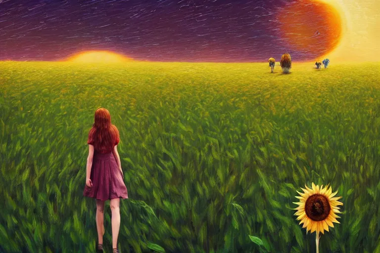 Image similar to giant sunflower as a head, girl walking in wheat field, hills, surreal photography, dark night, star trails, dramatic light, impressionist painting, clouds, digital painting, artstation, simon stalenhag