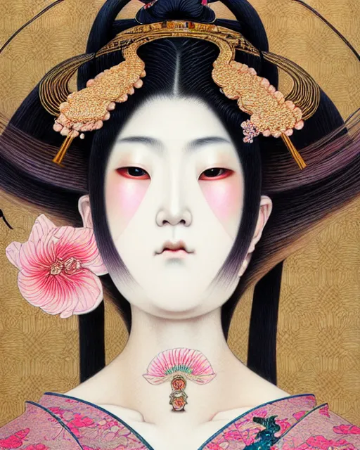 Prompt: portrait of a beautiful japanese goddess, unusual beauty, esoteric, muted colors, head in focus, fantasy art, ornamental aesthetics intricate, elegant, highly detailed, uhd, hyperrealistic painting, artstation, concept art, painterly, sharp focus, illustration, art by chie yoshii