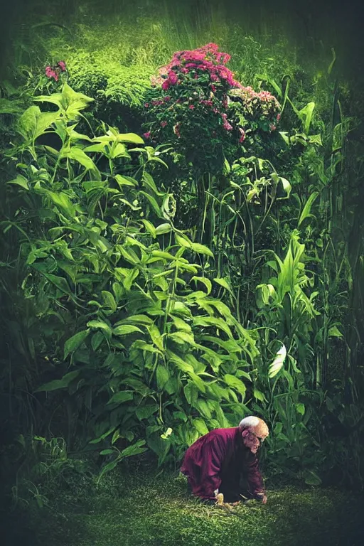 Prompt: “Old man in a garden full of big strange colorful plants. Photo in style of Matt Mahurin. Dark. Cinematic lighting. Photorealistic. Artstation.”