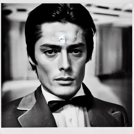 Prompt: stunning symmetrical portrait of alain delon in front of a tall moog synthesizer, high contrast grainy blank and white photography print ilford warm tone