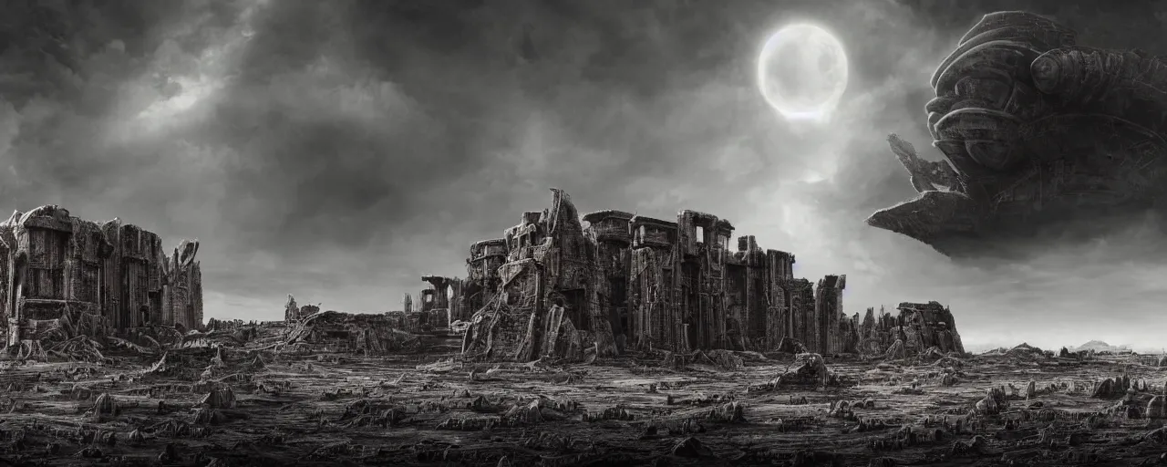 Image similar to a large ominous and geometric ruins of an alien civilization built on a barren dry land with an epic cloud formation on the background by HR GIger, Dariusz Zawadzki, Neil blevins, Feng Zhu, gustave doré, zhuoxin ye, very detailed, octane render, 8k, oranate and brooding, scary and dark, canon 24mm lens