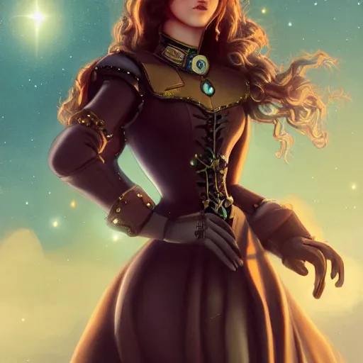 Image similar to a noble cute heroine with steam spaceship on background, steam romance, victorian, , adventure, jonathan winterhart, detailed, 4k resolution, trending on artstation