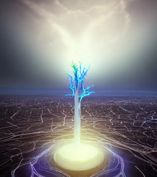 Image similar to surreal neuron city tower, breaking the waves, made of crystalized synapse, aerial iridecent veins, moonbow, in the desert, foggy sky, dark starry night, octane render, unreal engine, pale colors, high detail, 8 k, wide angle, trending on artstation, behance